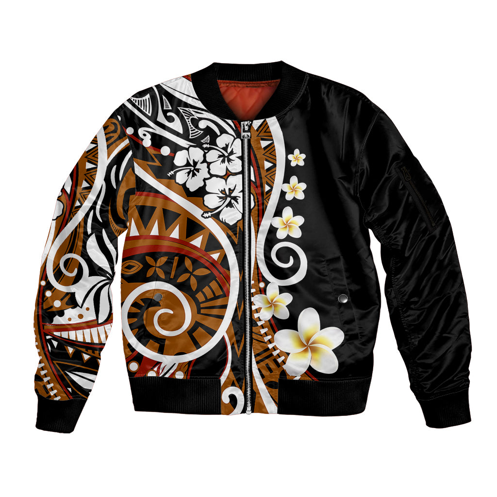 Plumeria Polynesian Sleeve Zip Bomber Jacket Trending Brown LT6 Unisex Brown - Polynesian Pride