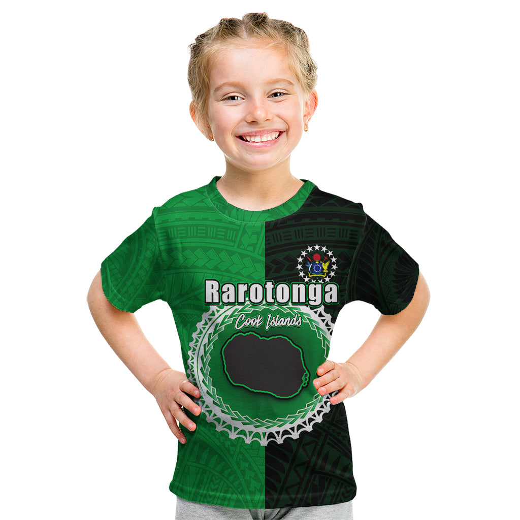 Custom Rarotonga Of Cook Islands Kid T Shirt Mix Half Black LT6 Green - Polynesian Pride