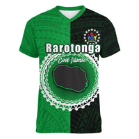 Custom Rarotonga Of Cook Islands Women V Neck T Shirt Mix Half Black LT6 Female Green - Polynesian Pride