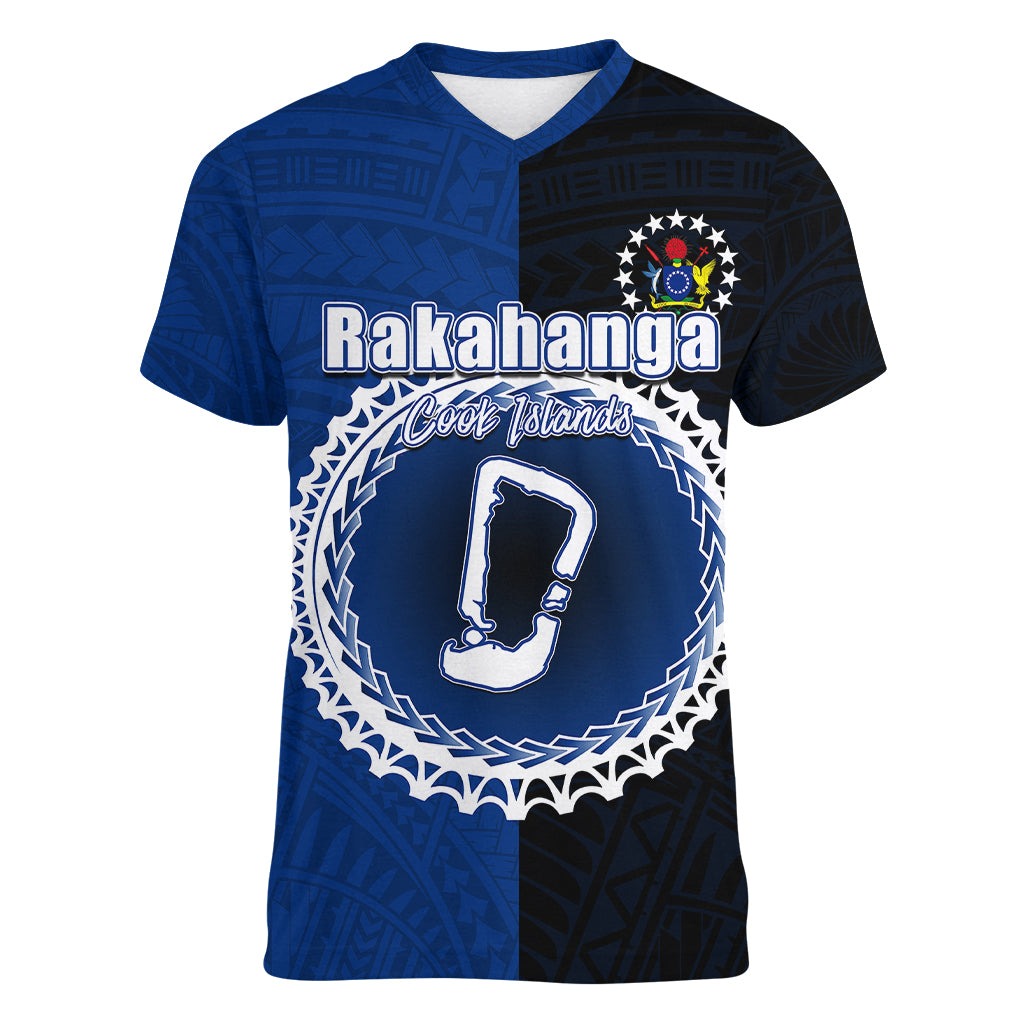 Custom Rakahanga Of Cook Islands Women V Neck T Shirt Mix Half Black LT6 Female Blue - Polynesian Pride