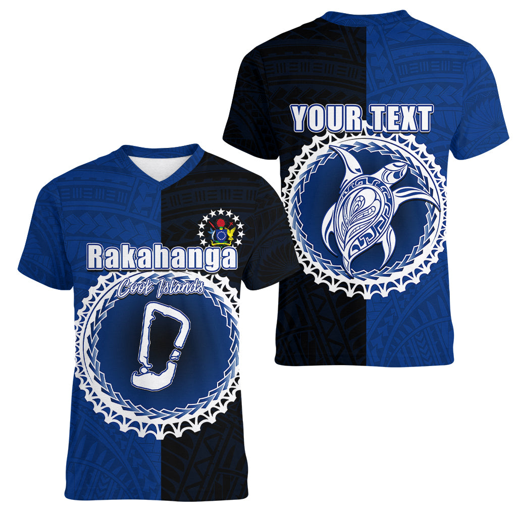 Custom Rakahanga Of Cook Islands Women V Neck T Shirt Mix Half Black LT6 - Polynesian Pride