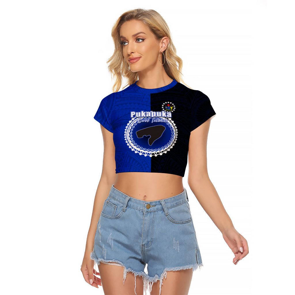 Custom Pukapuka Of Cook Islands Raglan Cropped T Shirt Mix Half Black LT6 Female Blue - Polynesian Pride