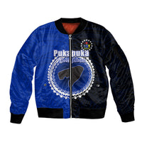 Custom Pukapuka Of Cook Islands Sleeve Zip Bomber Jacket Mix Half Black LT6 Unisex Blue - Polynesian Pride