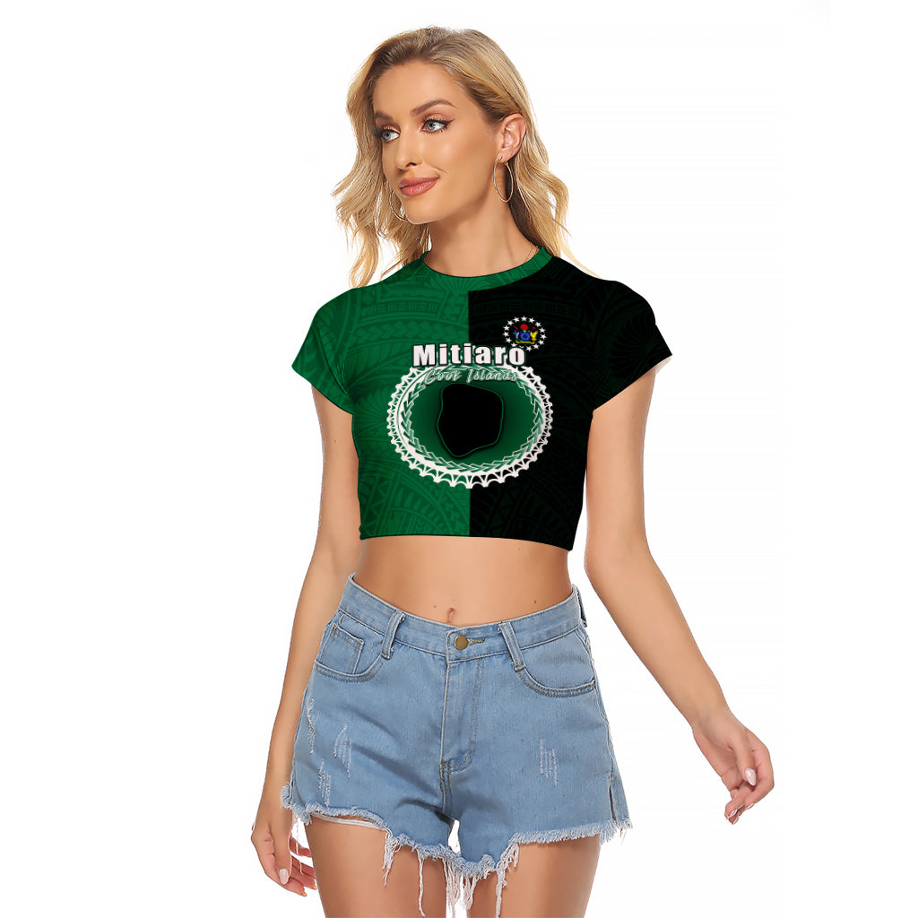 Custom Mitiaro Of Cook Islands Raglan Cropped T Shirt Mix Half Black LT6 Female Green - Polynesian Pride