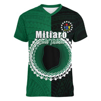 Custom Mitiaro Of Cook Islands Women V Neck T Shirt Mix Half Black LT6 Female Green - Polynesian Pride