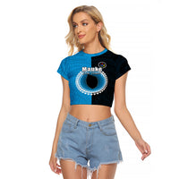 Custom Mauke Of Cook Islands Raglan Cropped T Shirt Mix Half Black LT6 Female Blue - Polynesian Pride