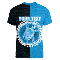 Custom Mauke Of Cook Islands Women V Neck T Shirt Mix Half Black LT6 - Polynesian Pride