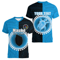 Custom Mauke Of Cook Islands Women V Neck T Shirt Mix Half Black LT6 - Polynesian Pride