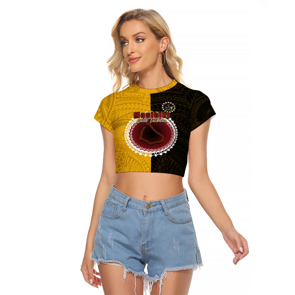 Custom Manihiki Of Cook Islands Raglan Cropped T Shirt Mix Half Black LT6 Female Yellow - Polynesian Pride