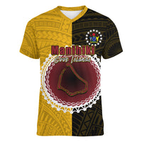 Custom Manihiki Of Cook Islands Women V Neck T Shirt Mix Half Black LT6 Female Yellow - Polynesian Pride