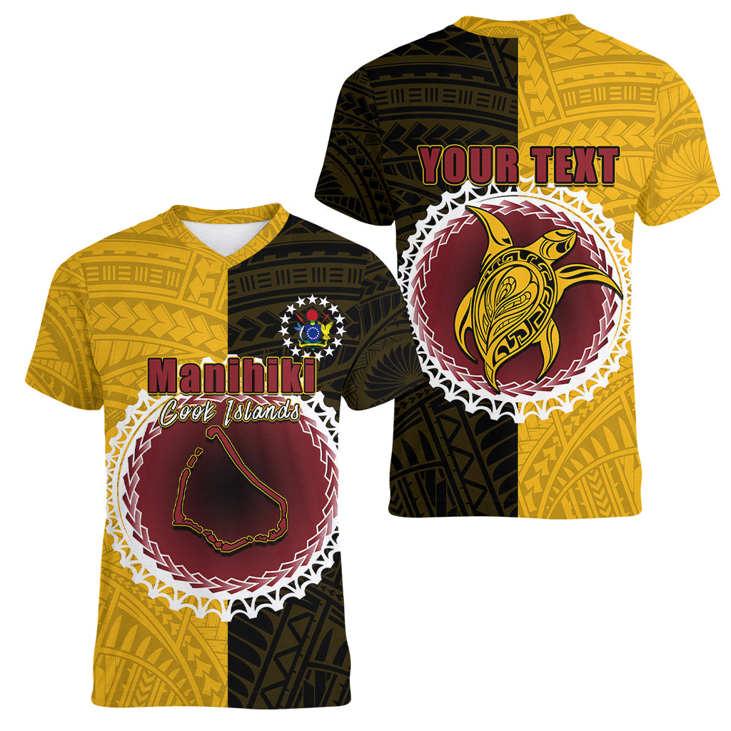 Custom Manihiki Of Cook Islands Women V Neck T Shirt Mix Half Black LT6 - Polynesian Pride