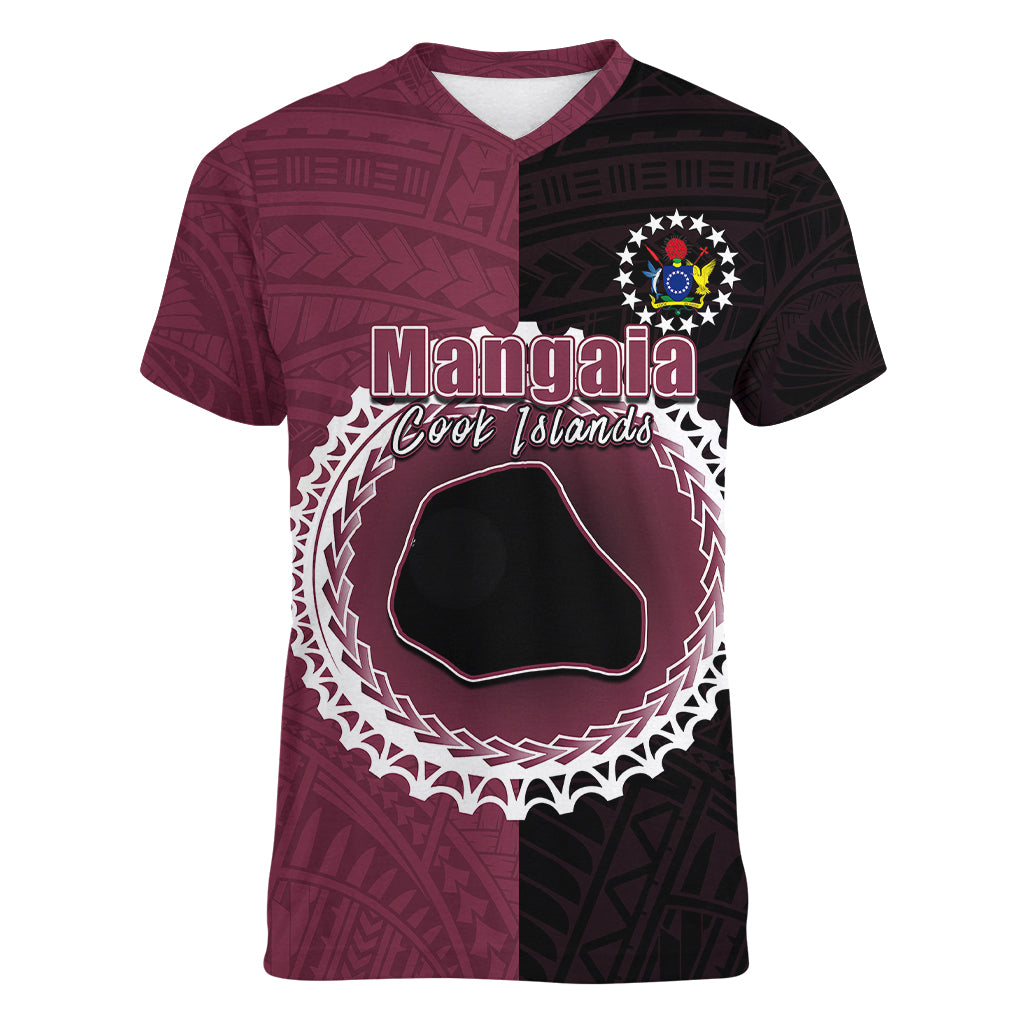 Custom Mangaia Of Cook Islands Women V Neck T Shirt Mix Half Black LT6 Female Maroon - Polynesian Pride