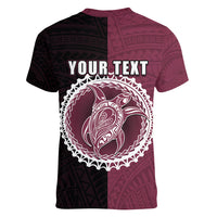 Custom Mangaia Of Cook Islands Women V Neck T Shirt Mix Half Black LT6 - Polynesian Pride