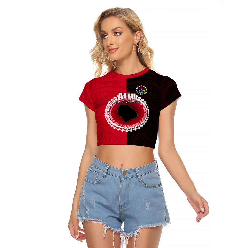 Custom Atiu Of Cook Islands Raglan Cropped T Shirt Mix Half Black LT6 Female Red - Polynesian Pride