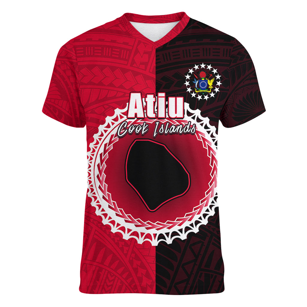 Custom Atiu Of Cook Islands Women V Neck T Shirt Mix Half Black LT6 Female Red - Polynesian Pride