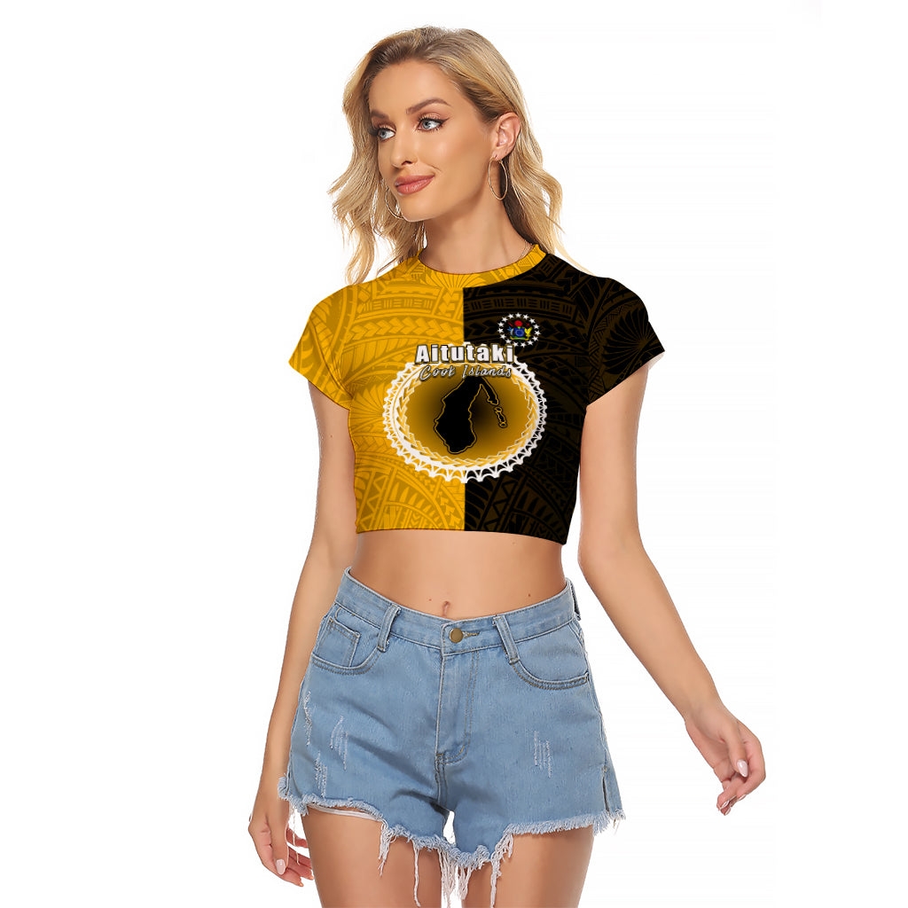 Custom Atutaki Of Cook Islands Raglan Cropped T Shirt Mix Half Black LT6 Female Yellow - Polynesian Pride