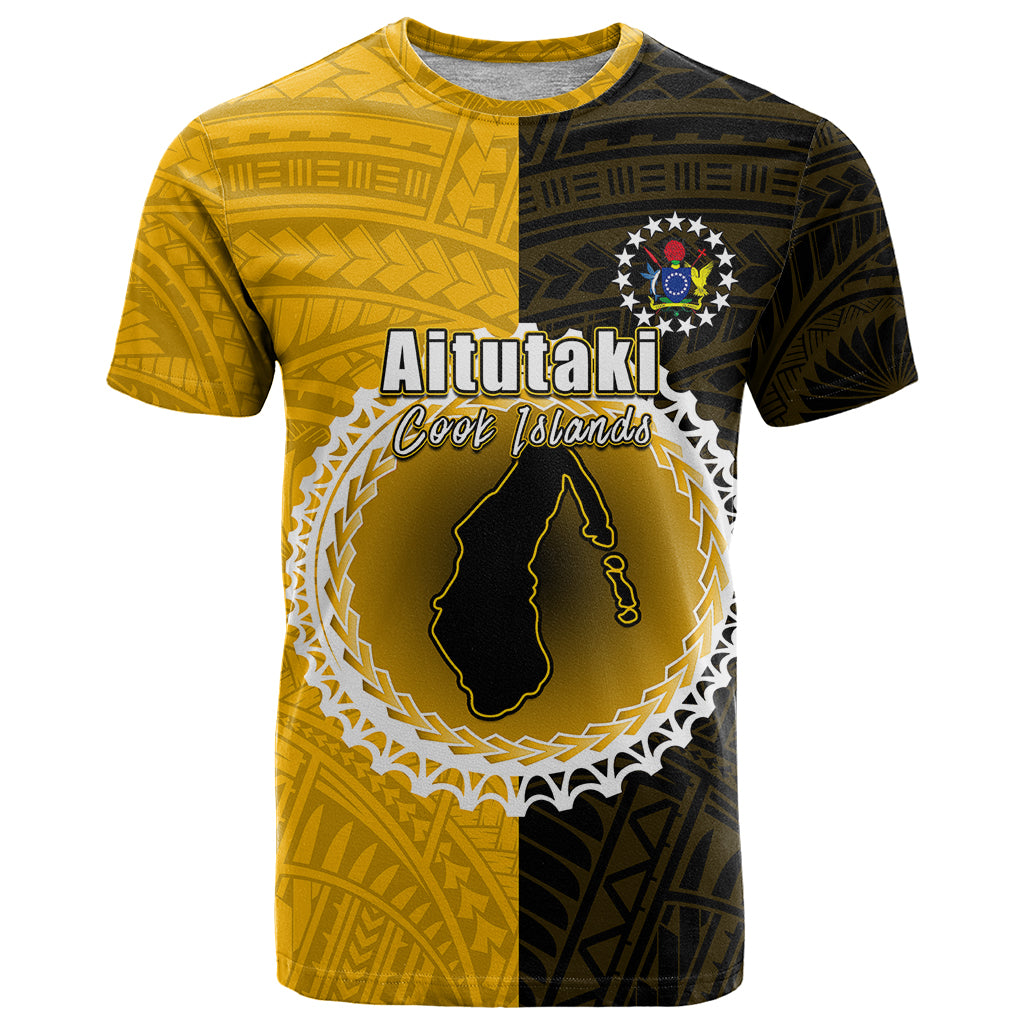 Custom Atutaki of Cook Islands T Shirt Mix Half Black LT6 Yellow - Polynesian Pride
