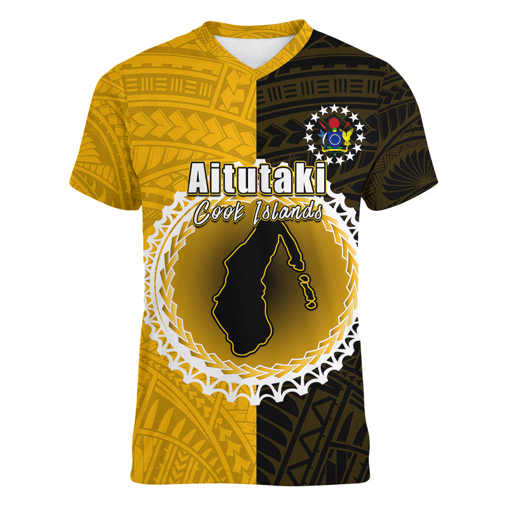 Custom Atutaki Of Cook Islands Women V Neck T Shirt Mix Half Black LT6 Female Yellow - Polynesian Pride