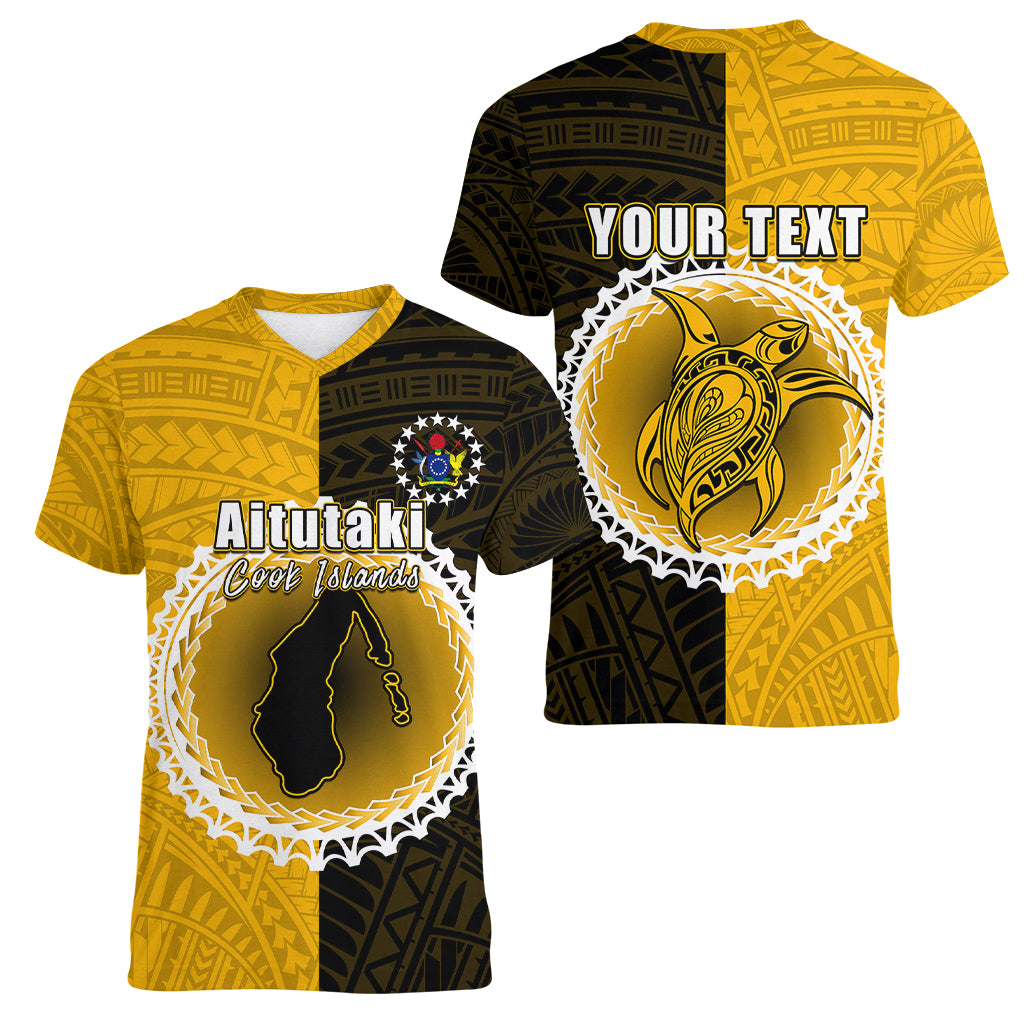 Custom Atutaki Of Cook Islands Women V Neck T Shirt Mix Half Black LT6 - Polynesian Pride