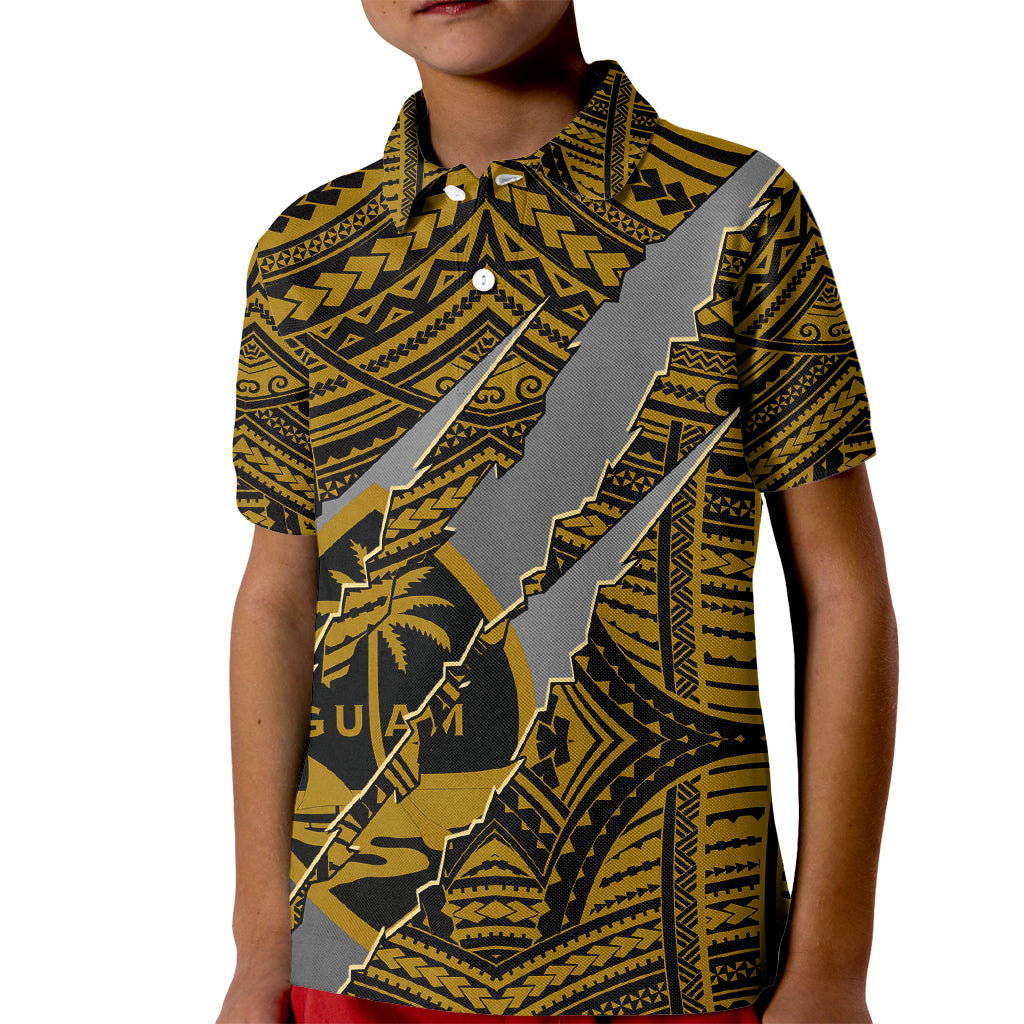 Polynesian Guam Kid Polo Shirt with Coat Of Arms Claws Style - Gold LT6 Kid Gold - Polynesian Pride