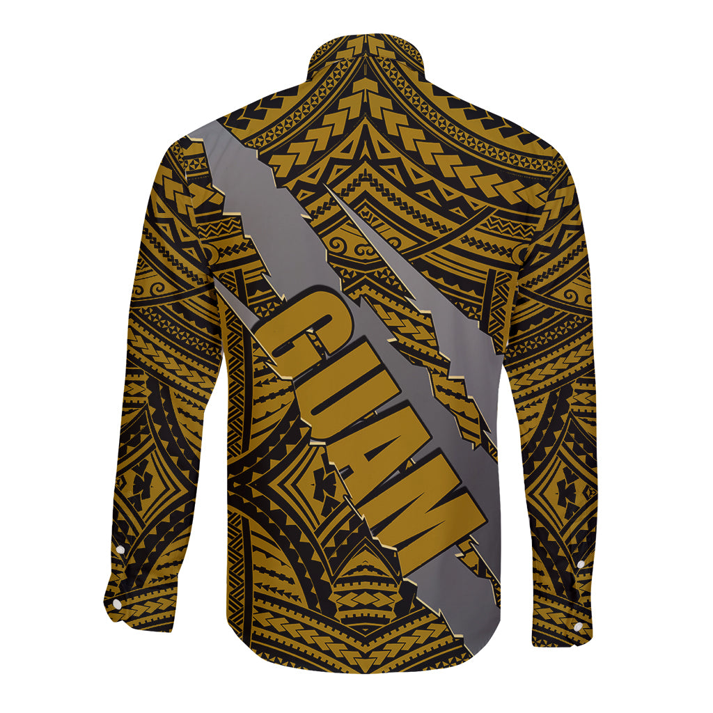 Polynesian Guam Long Sleeve Button Shirt with Coat Of Arms Claws Style - Gold LT6 - Polynesian Pride