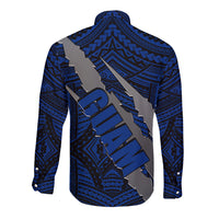 Polynesian Guam Long Sleeve Button Shirt with Coat Of Arms Claws Style - Blue LT6 - Polynesian Pride