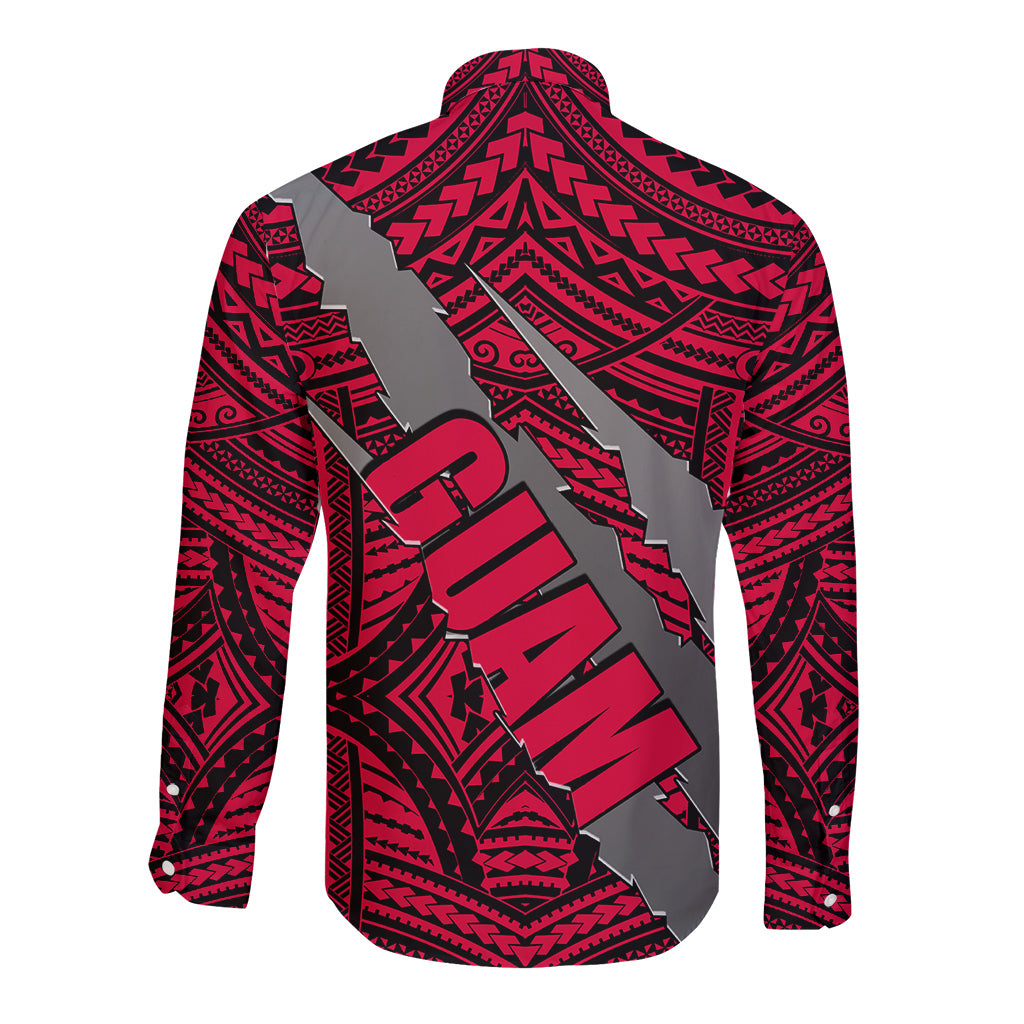 Polynesian Guam Long Sleeve Button Shirt with Coat Of Arms Claws Style - Red LT6 - Polynesian Pride