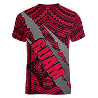 Polynesian Guam Women V Neck T Shirt with Coat Of Arms Claws Style - Red LT6 - Polynesian Pride