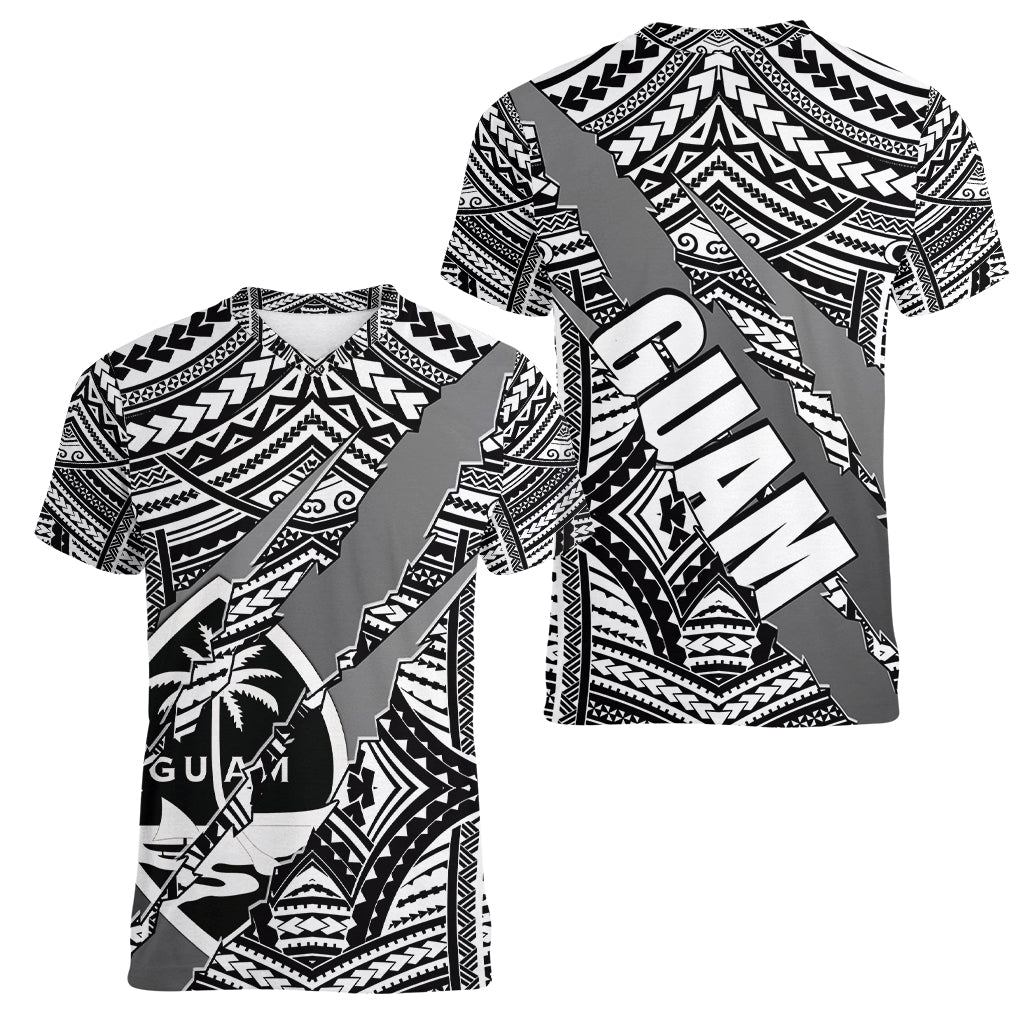 Polynesian Guam Women V Neck T Shirt with Coat Of Arms Claws Style - White LT6 - Polynesian Pride