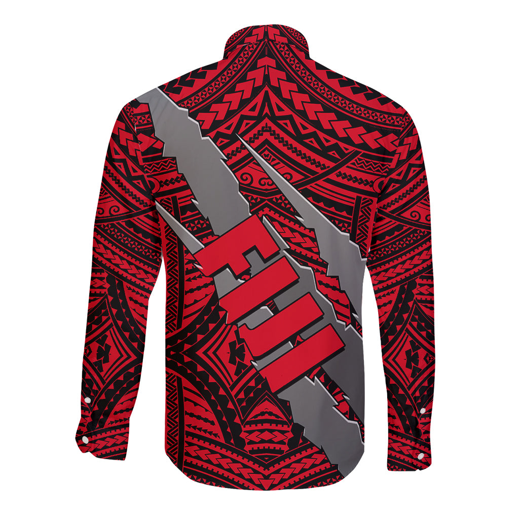 Polynesian Fiji Long Sleeve Button Shirt with Coat Of Arms Claws Style - Red LT6 - Polynesian Pride