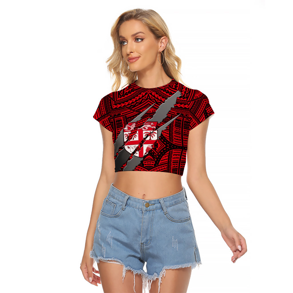 Polynesian Fiji Raglan Cropped T Shirt with Coat Of Arms Claws Style - Red LT6 Female Red - Polynesian Pride