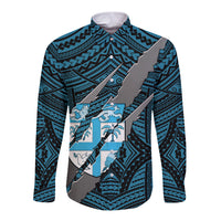 Polynesian Fiji Long Sleeve Button Shirt with Coat Of Arms Claws Style - Blue LT6 Unisex Blue - Polynesian Pride