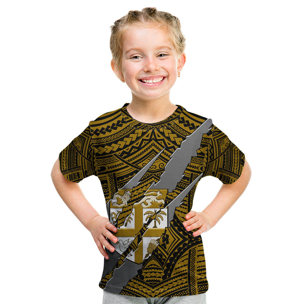 Polynesian Fiji Kid T Shirt with Coat Of Arms Claws Style - Gold LT6 Gold - Polynesian Pride