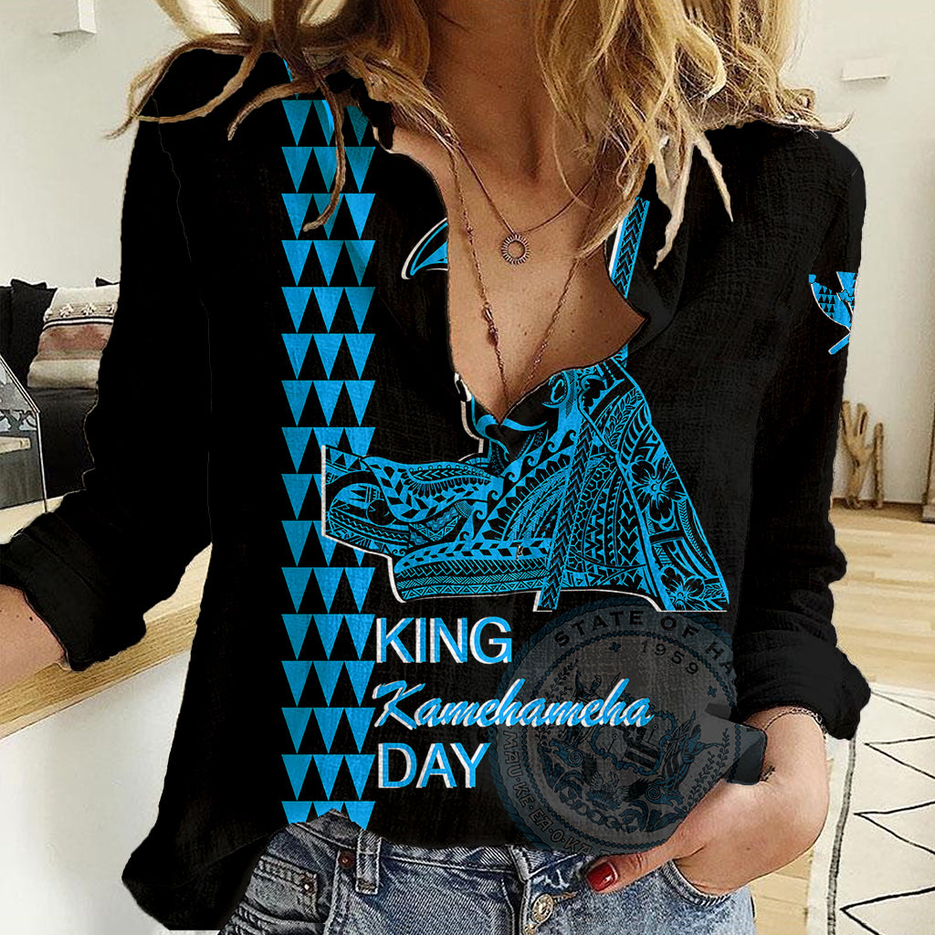 Custom Hawaii Women Casual Shirt King Kamehameha Day - Blue LT6 Female Blue - Polynesian Pride