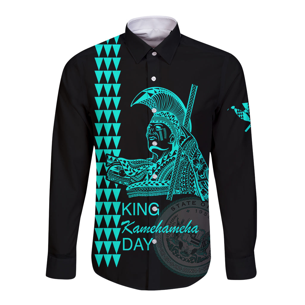 Custom Hawaii Long Sleeve Button Shirt King Kamehameha Day - Green LT6 Unisex Green - Polynesian Pride