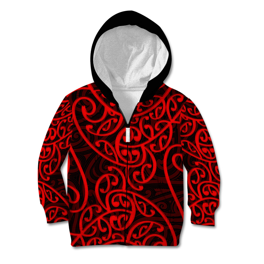 New Zealand Kid Hoodie Maori Pattern Red LT6 Zip Hoodie Red - Polynesian Pride