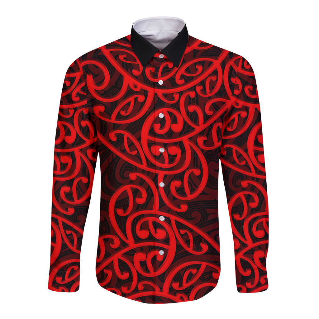 New Zealand Long Sleeve Button Shirt Maori Pattern Red LT6 Unisex Red - Polynesian Pride