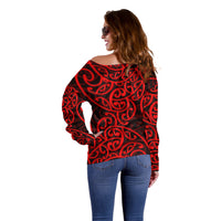 New Zealand Off Shoulder Sweater Maori Pattern Red LT6 - Polynesian Pride