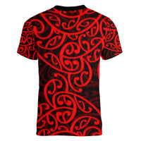 New Zealand Women V Neck T Shirt Maori Pattern Red LT6 - Polynesian Pride