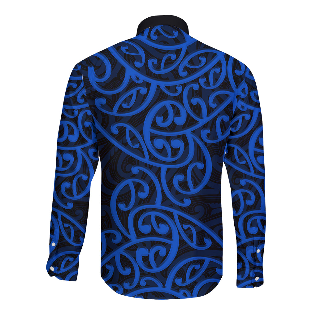 New Zealand Long Sleeve Button Shirt Maori Pattern Blue LT6 - Polynesian Pride