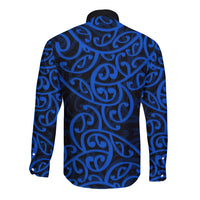 New Zealand Long Sleeve Button Shirt Maori Pattern Blue LT6 - Polynesian Pride