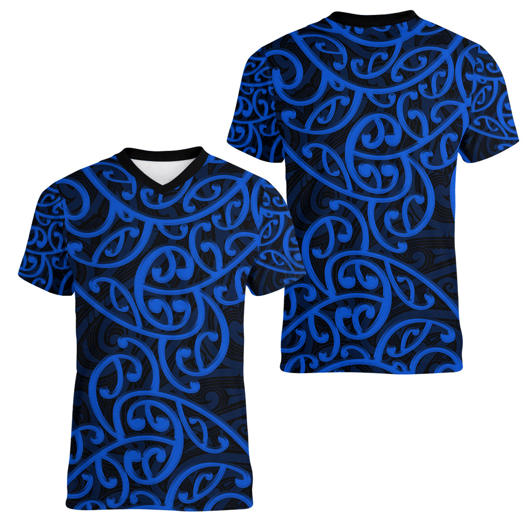 New Zealand Women V Neck T Shirt Maori Pattern Blue LT6 - Polynesian Pride