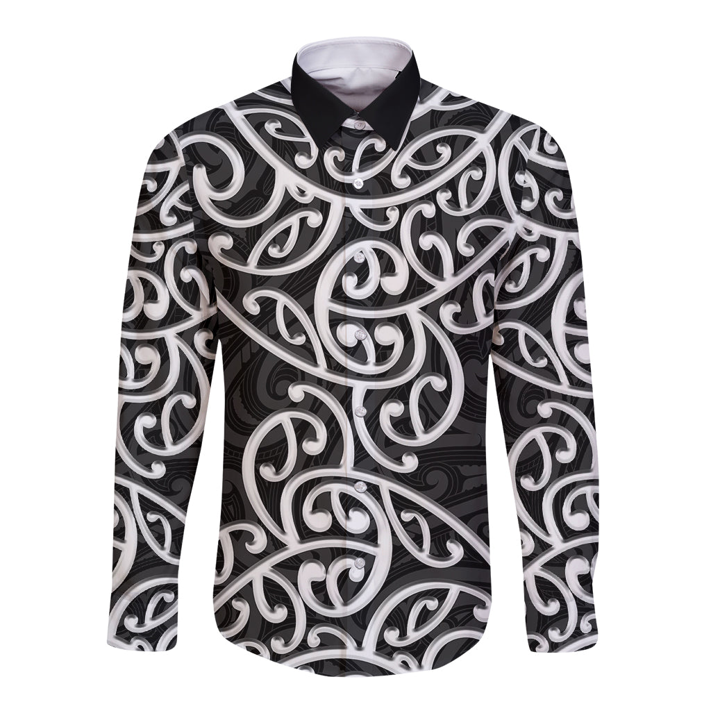 New Zealand Long Sleeve Button Shirt Maori Pattern White LT6 Unisex White - Polynesian Pride