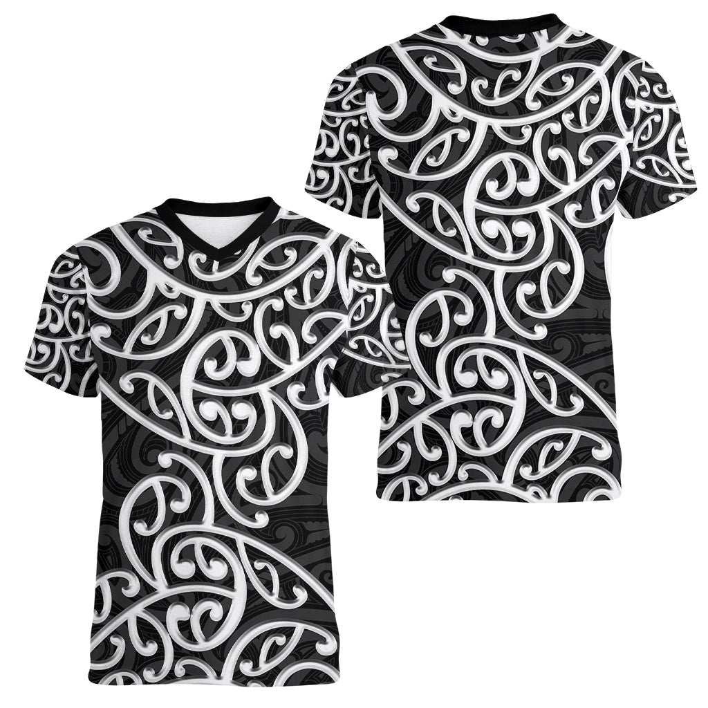 New Zealand Women V Neck T Shirt Maori Pattern White LT6 - Polynesian Pride