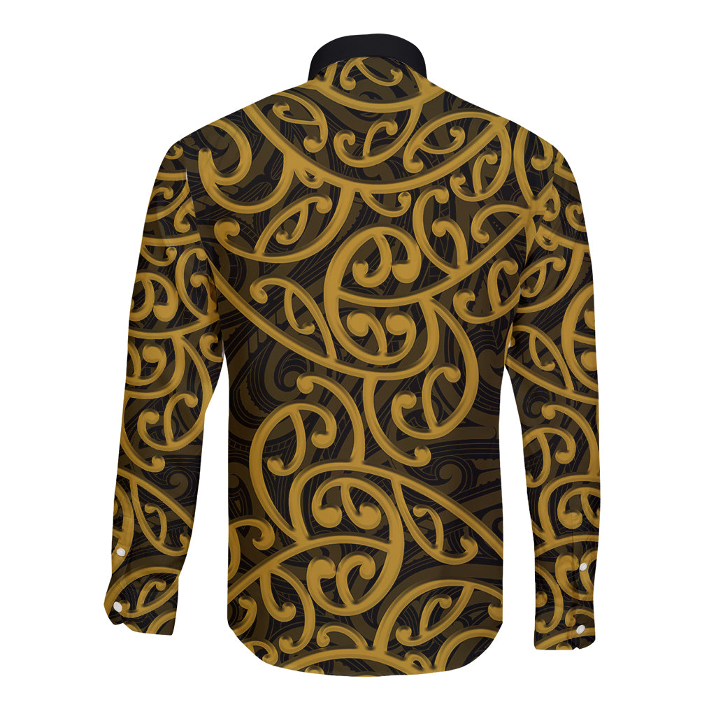 New Zealand Long Sleeve Button Shirt Maori Pattern Gold LT6 - Polynesian Pride