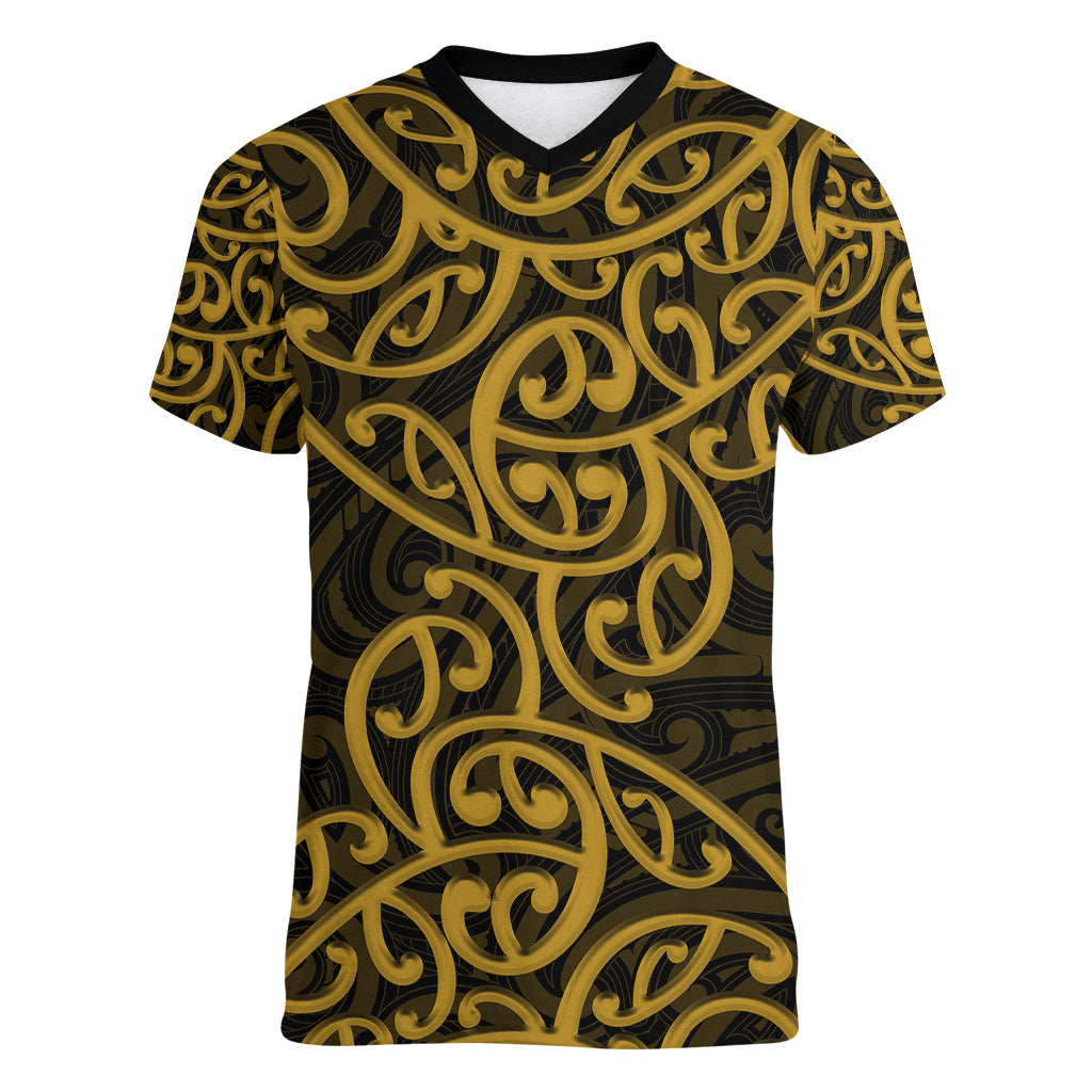 New Zealand Women V Neck T Shirt Maori Pattern Gold LT6 Female Gold - Polynesian Pride
