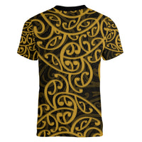 New Zealand Women V Neck T Shirt Maori Pattern Gold LT6 - Polynesian Pride