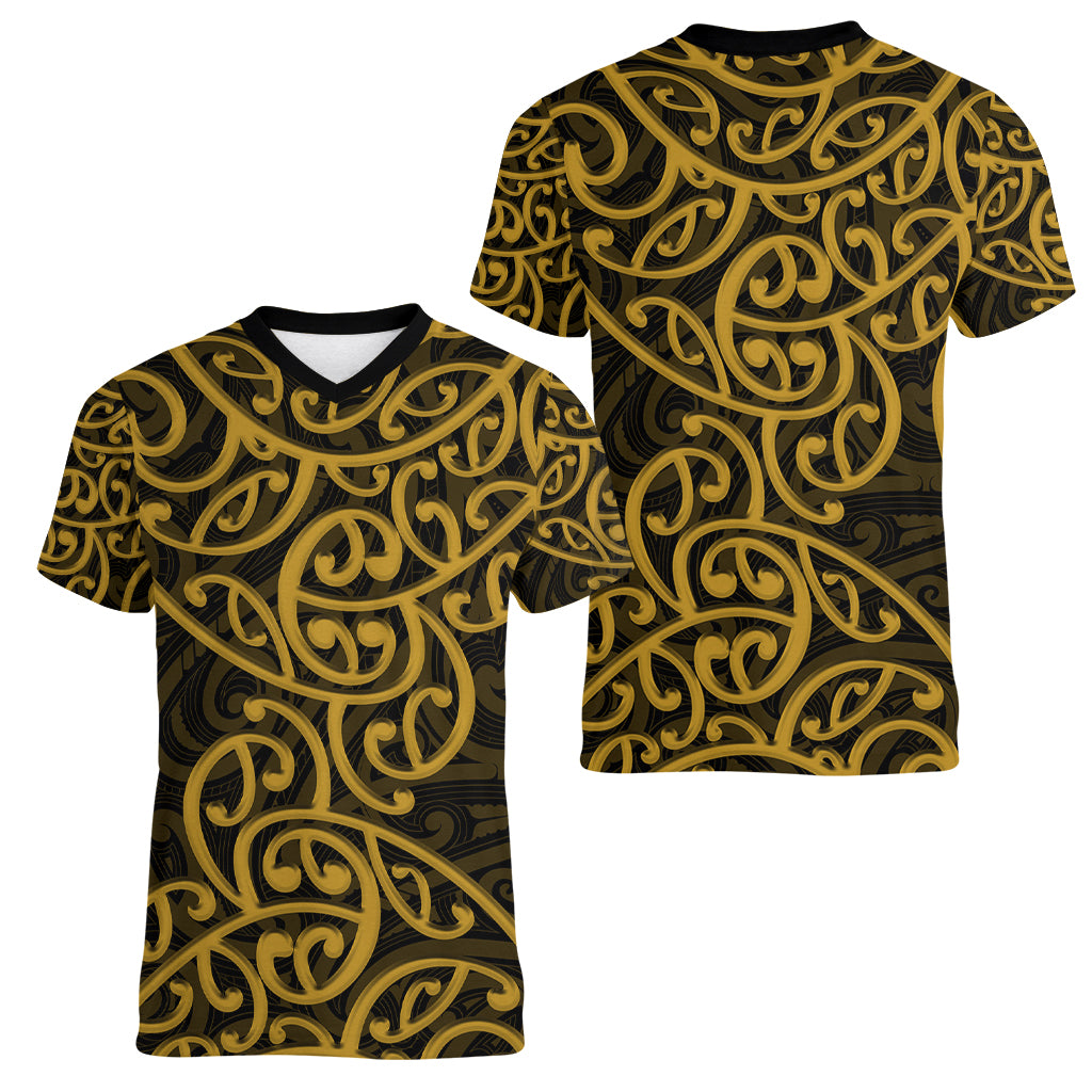 New Zealand Women V Neck T Shirt Maori Pattern Gold LT6 - Polynesian Pride