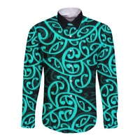 New Zealand Long Sleeve Button Shirt Maori Pattern Turquoise LT6 Unisex Green - Polynesian Pride