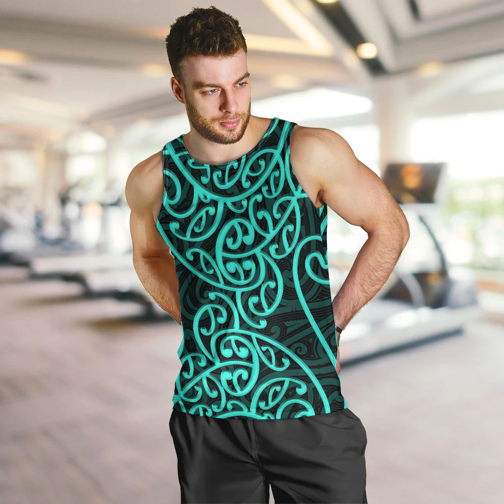 New Zealand Men Tank Top Maori Pattern Turquoise LT6 - Polynesian Pride